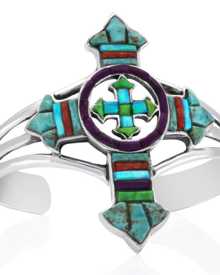 Gemstone Cross Cuff Bracelet – Sterling Silver with Opal, Coral & Turquoise Stones