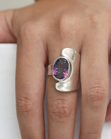 Rainbow Silver 925 Sterling Silver Women’s Ring with Mystic Quartz – 25mm Length, Free Size