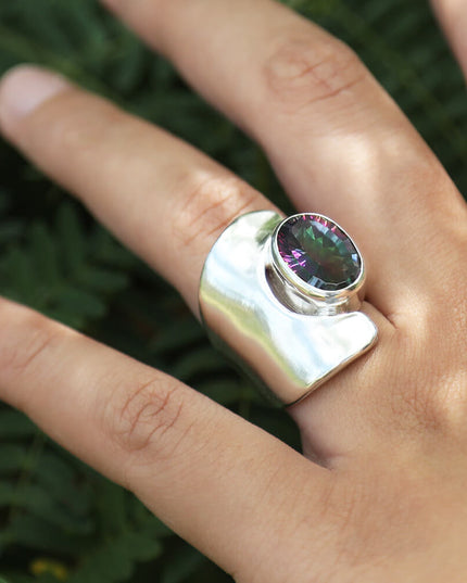 Rainbow Silver 925 Sterling Silver Women’s Ring with Mystic Quartz – 25mm Length, Free Size