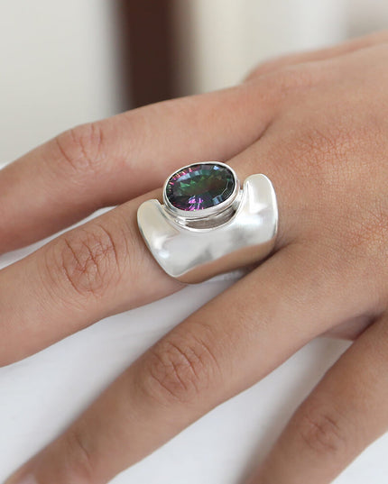 Rainbow Silver 925 Sterling Silver Women’s Ring with Mystic Quartz – 25mm Length, Free Size