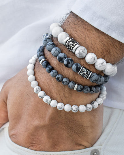 Howlite 925 Sterling Silver & Natural Gemstone Bead Bracelet – White with Grey Veins, 6mm/8mm/10mm, Sizes S–XL, Unisex