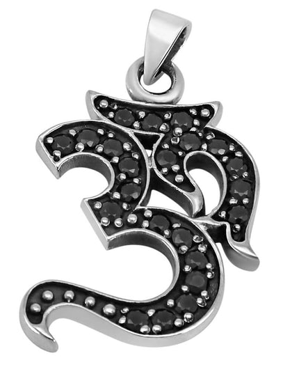 Sacred Om 925 Sterling Silver Pendant with Black Cubic Zirconia – 36mm x 23mm, 8g, Made in Thailand