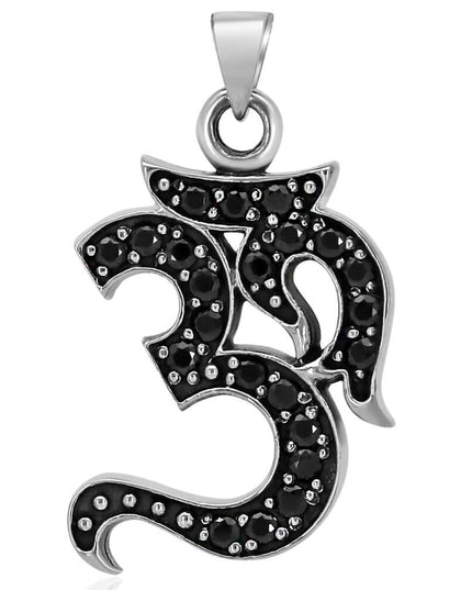 Sacred Om 925 Sterling Silver Pendant with Black Cubic Zirconia – 36mm x 23mm, 8g, Made in Thailand