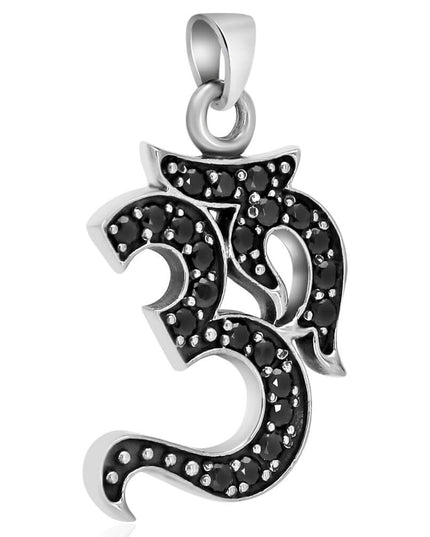 Sacred Om 925 Sterling Silver Pendant with Black Cubic Zirconia – 36mm x 23mm, 8g, Made in Thailand