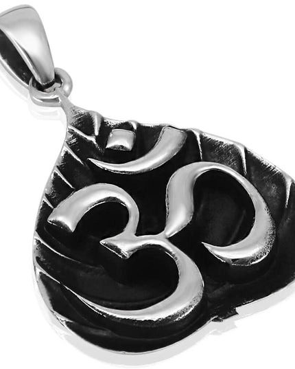 Om on Leaf 925 Sterling Silver Pendant – 42x34mm, 18g, Made in Thailand