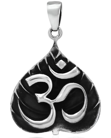 Om on Leaf 925 Sterling Silver Pendant – 42x34mm, 18g, Made in Thailand