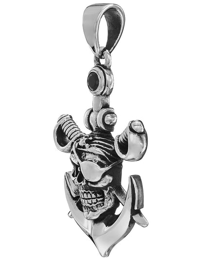 Pirate Cross 925 Sterling Silver Pendant with Black Onyx – Skull & Crossed Swords Design, 30x40mm, 14.5g