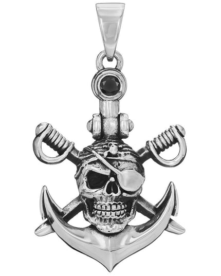 Pirate Cross 925 Sterling Silver Pendant with Black Onyx – Skull & Crossed Swords Design, 30x40mm, 14.5g