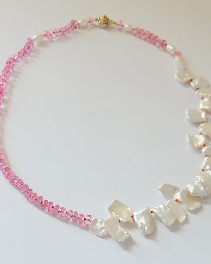 Pink Topaz Pearl Beaded Necklace – 14K Gold Clasp, Hand-Knotted Gemstone Design