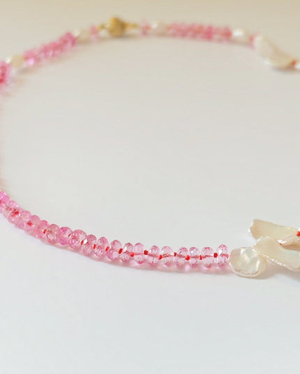 Pink Topaz Pearl Beaded Necklace – 14K Gold Clasp, Hand-Knotted Gemstone Design