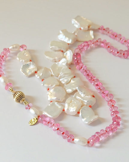 Pink Topaz Pearl Beaded Necklace – 14K Gold Clasp, Hand-Knotted Gemstone Design