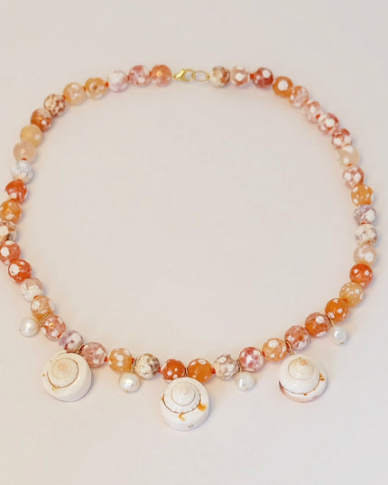 Pearl Agate Seashell Charm Necklace – Handcrafted with Freshwater Pearls & 14K Gold-Filled Clasp (18")