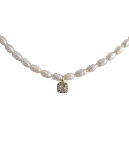 ALVARA Pearl Necklace – Sterling Silver & 14k Gold, Drop or Square Style (16"+2")
