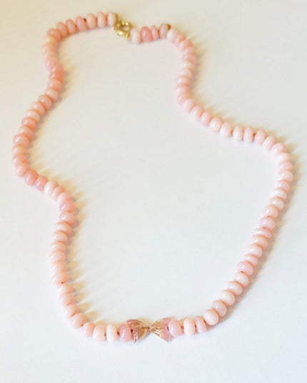 Pink Opal Necklace with Tourmaline Butterfly Charm – 14K Gold & Hand-Knotted Silk