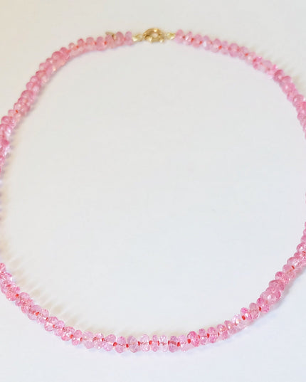 Pink Topaz Necklace – 50ct Faceted Rondelles, Hand-Knotted on Silk with Solid 14K Gold Clasp (16")