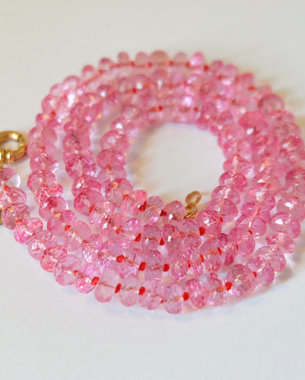 Pink Topaz Necklace – 50ct Faceted Rondelles, Hand-Knotted on Silk with Solid 14K Gold Clasp (16")