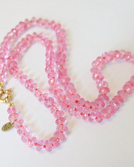 Pink Topaz Necklace – 50ct Faceted Rondelles, Hand-Knotted on Silk with Solid 14K Gold Clasp (16")