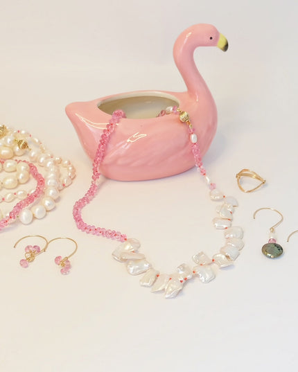 Pink Topaz Pearl Beaded Necklace – 14K Gold Clasp, Hand-Knotted Gemstone Design