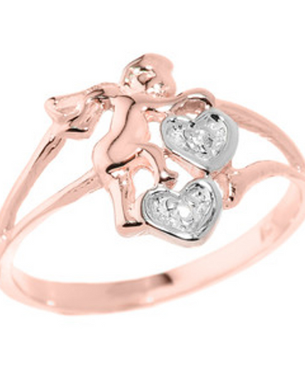 Gold Angel with Diamond & Hearts Ladies Ring – 10k/14k Yellow, Rose & White Gold