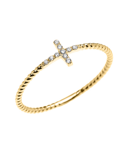 Gold Dainty Diamond Sideways Cross Rope Band Ring – 10k/14k Yellow, Rose & White Gold