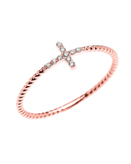Gold Dainty Diamond Sideways Cross Rope Band Ring – 10k/14k Yellow, Rose & White Gold