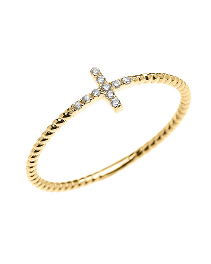 Gold Dainty Diamond Sideways Cross Rope Band Ring – 10k/14k Yellow, Rose & White Gold