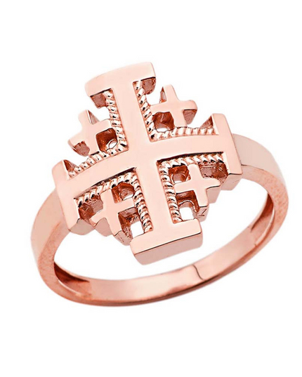 Gold Jerusalem Cross Ring – 10k/14k Yellow, Rose & White Gold