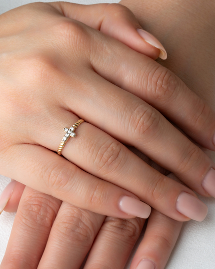Gold Diamond Cross Rope Band Ring with SI1 Diamonds (Yellow, Rose & White Gold)