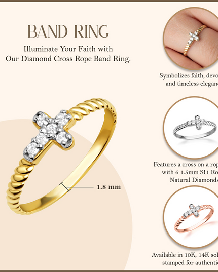 Gold Diamond Cross Rope Band Ring with SI1 Diamonds (Yellow, Rose & White Gold)