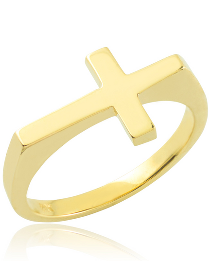 Solid Gold Flat Top Sideways Cross Ring – 10k/14k Yellow, Rose & White Gold