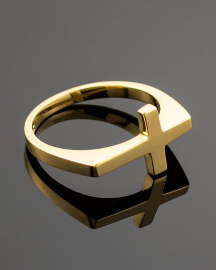Solid Gold Flat Top Sideways Cross Ring – 10k/14k Yellow, Rose & White Gold
