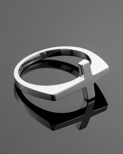 Solid Gold Flat Top Sideways Cross Ring – 10k/14k Yellow, Rose & White Gold