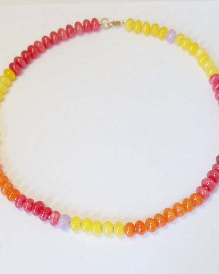 Rainbow Bead Candy Necklace – 8MM Dyed Jade, Hand-Knotted on Burnt Orange Silk with 14K Gold-Filled Clasp
