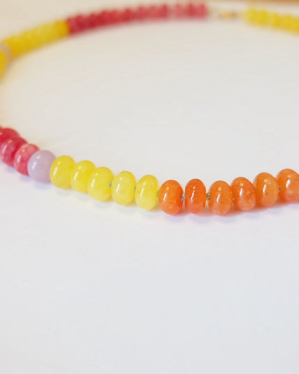 Rainbow Bead Candy Necklace – 8MM Dyed Jade, Hand-Knotted on Burnt Orange Silk with 14K Gold-Filled Clasp