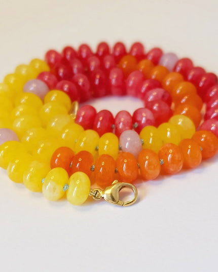 Rainbow Bead Candy Necklace – 8MM Dyed Jade, Hand-Knotted on Burnt Orange Silk with 14K Gold-Filled Clasp