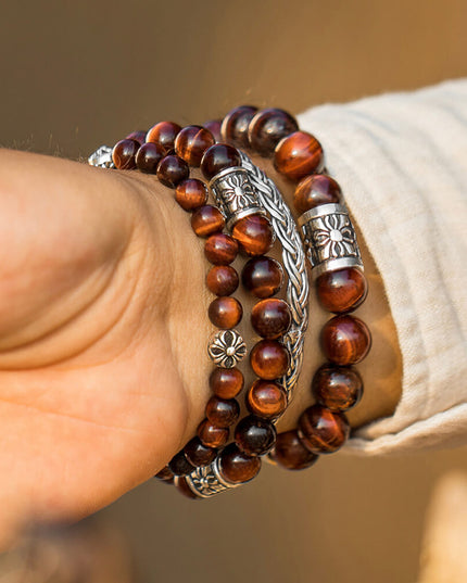 Red Tiger Eye Bracelet – 925 Sterling Silver Natural Gemstone Beads, 6mm 8mm 10mm, Unisex