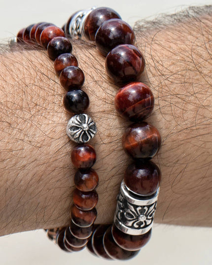 Red Tiger Eye Bracelet – 925 Sterling Silver Natural Gemstone Beads, 6mm 8mm 10mm, Unisex