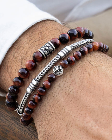 Red Tiger Eye Bracelet – 925 Sterling Silver Natural Gemstone Beads, 6mm 8mm 10mm, Unisex