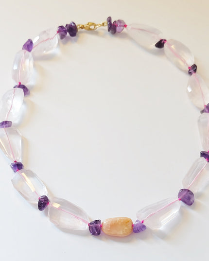 Rose Quartz & Amethyst Choker Necklace – Pink Opal Beaded Candy Necklace, 14K Gold Filled Clasp
