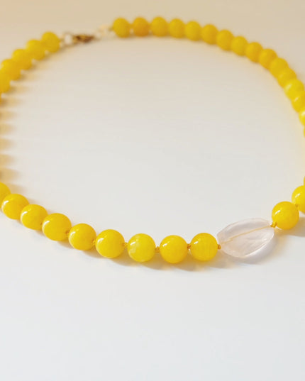 Rose Quartz & Yellow Jade Candy Necklace – Hand-Knotted Beaded Strand with 14K Gold-Filled Clasp