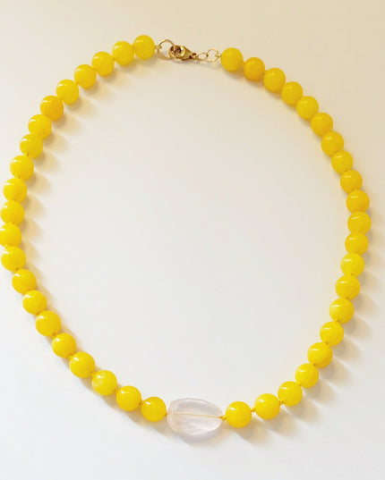 Rose Quartz & Yellow Jade Candy Necklace – Hand-Knotted Beaded Strand with 14K Gold-Filled Clasp