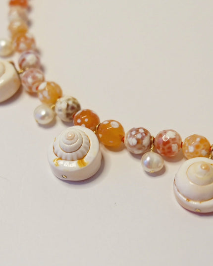 Pearl Agate Seashell Charm Necklace – Handcrafted with Freshwater Pearls & 14K Gold-Filled Clasp (18")