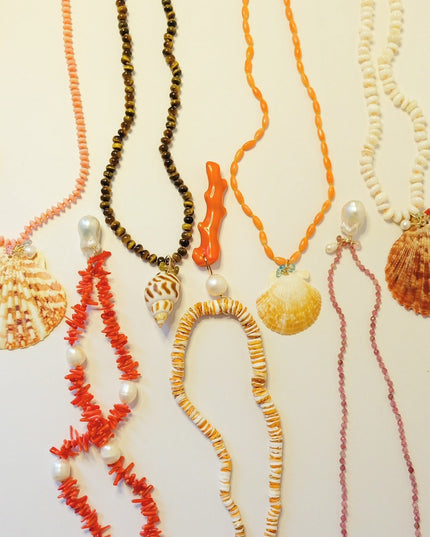 Tiger’s Eye Seashell Charm Pendant – Beaded Necklace with Tourmaline Accents & 14K Gold-Filled Clasp