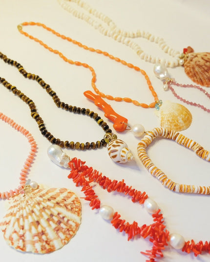 Tiger’s Eye Seashell Charm Pendant – Beaded Necklace with Tourmaline Accents & 14K Gold-Filled Clasp