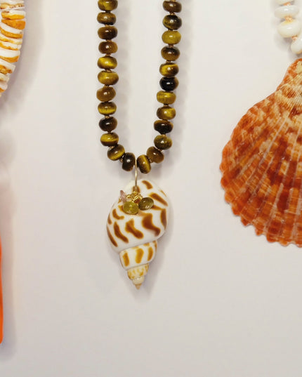 Tiger’s Eye Seashell Charm Pendant – Beaded Necklace with Tourmaline Accents & 14K Gold-Filled Clasp