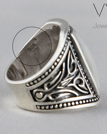 Onyx or Shell 925 Sterling Silver Signet Ring – Black Onyx or White Shell, 20x13mm Stone, Sizes 8–15, Made in Thailand