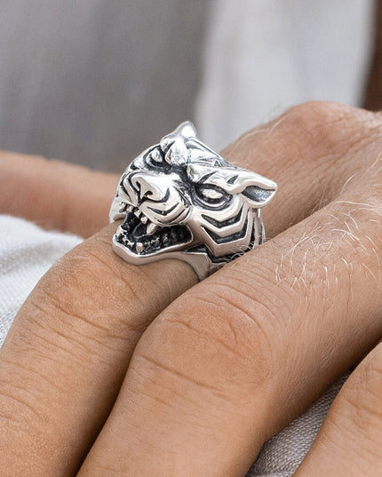 Silver Tiger Ring – Solid 925 Sterling Silver, Bold Unisex Statement Ring, Sizes 7–15, Made in Thailand