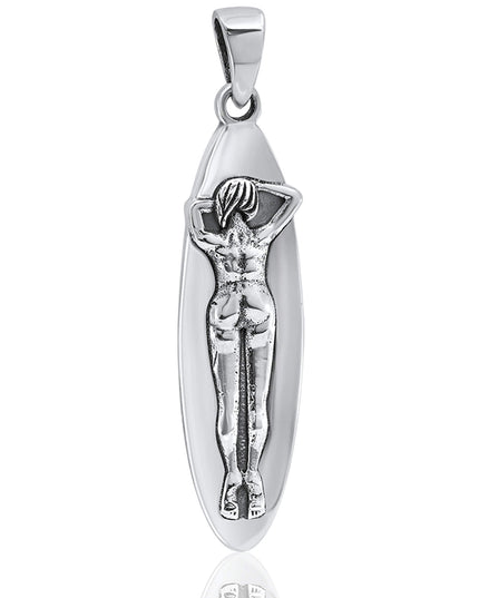 Surfer Girl Pendant – 925 Sterling Silver, Surf Silhouette, 11x41mm, Lightweight 6g, Gift Included
