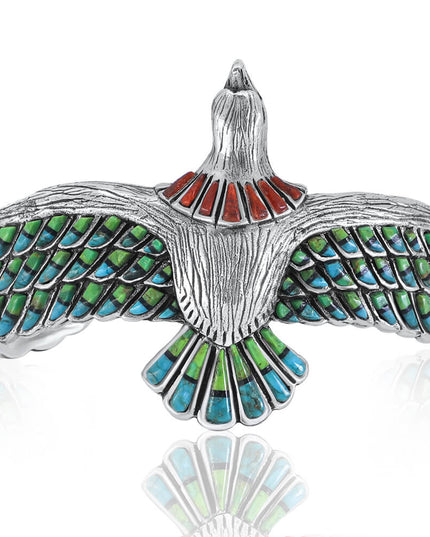 Eagle Myth Cuff Bracelet – Handmade 925 Sterling Silver with Mohave Turquoise, Blue Opal & Coral Gemstones