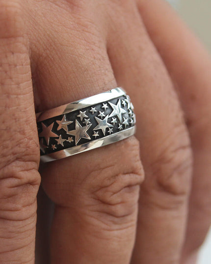Star Way 925 Sterling Silver Ring – 11.5mm Wide Band, Sizes 8–14, Made in Thailand